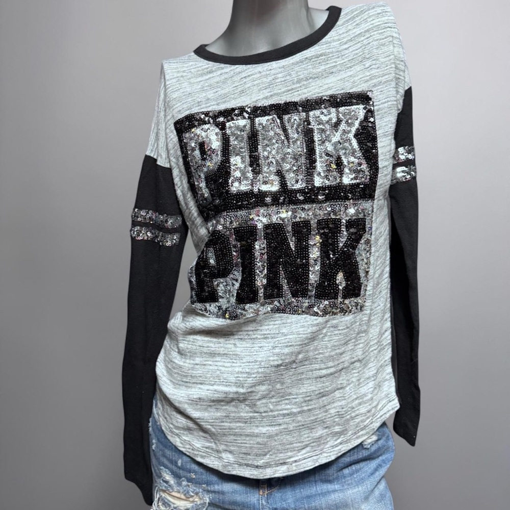 PINK Victoria’s Secret Vintage Y2K Sequin Black/Grey Long-Sleeve Top - Picture 3 of 4